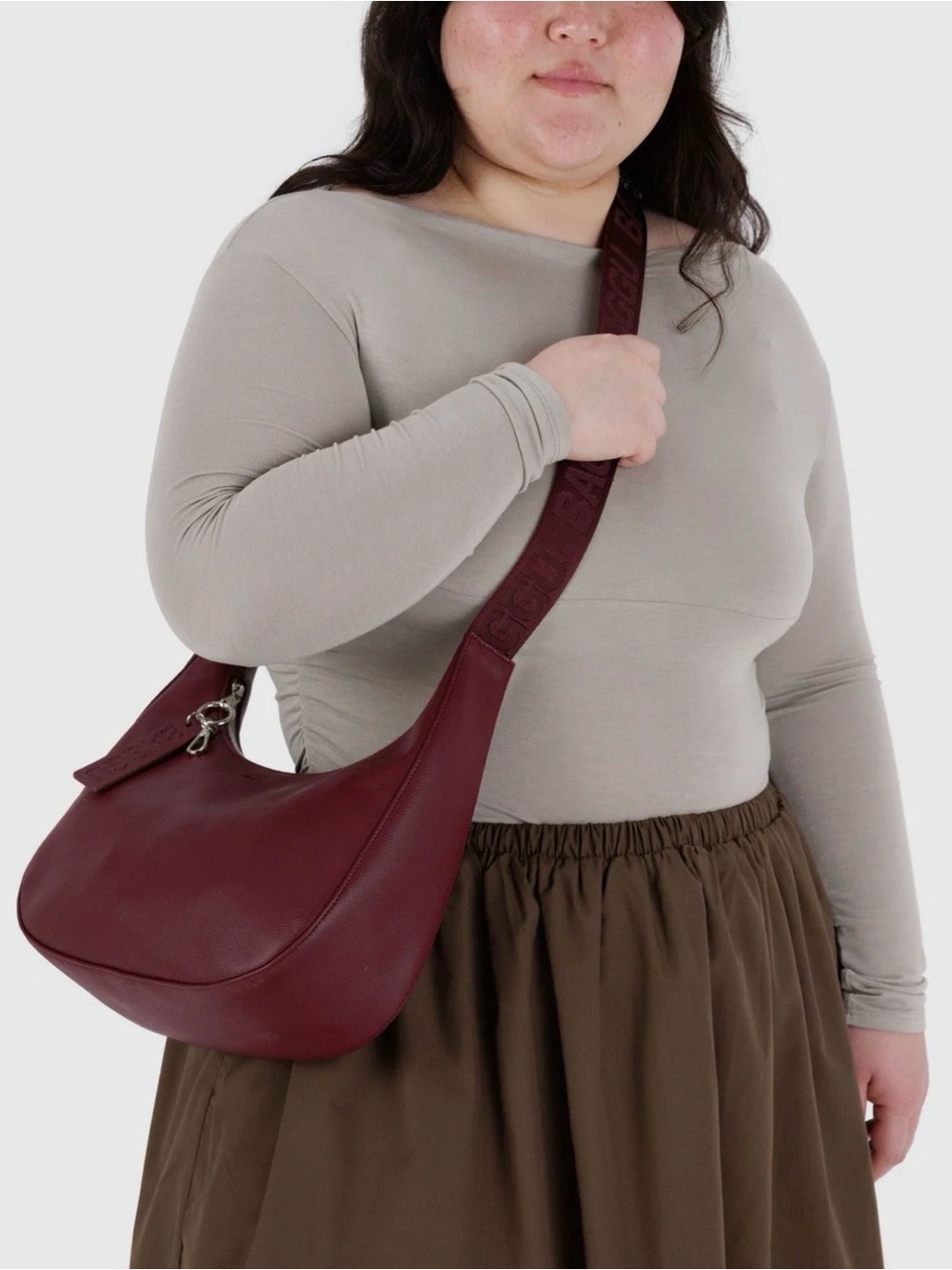 New BAGGU Recycled Leather Medium
Crescent Bag red mahogany crossbody purse